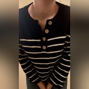 Striped Black and White Sweater with Button Detail